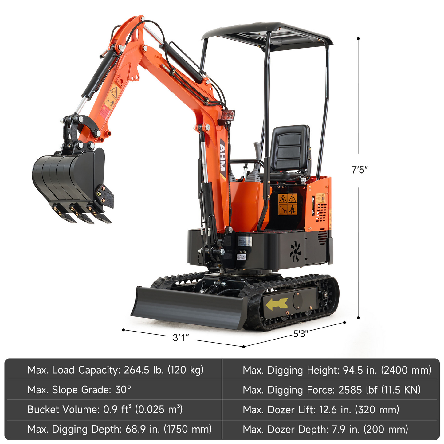 AHM 2000 lb Mini Excavator 13.5 hp Mini Digger Machine with All-Terrain Tracks