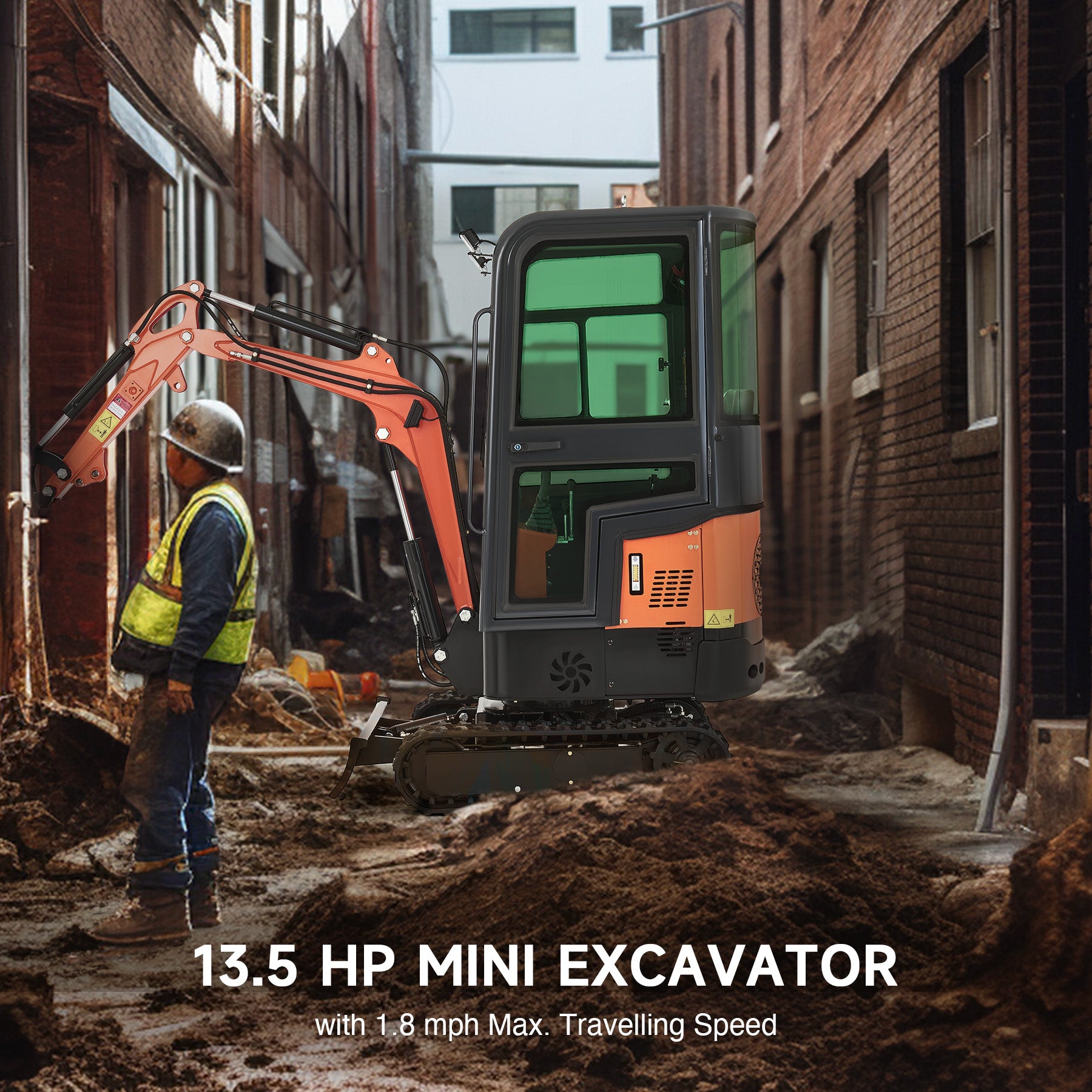 13.5 HP Mini Excavator: 1 Ton Mini Digger With Enclosed Cab – AHM