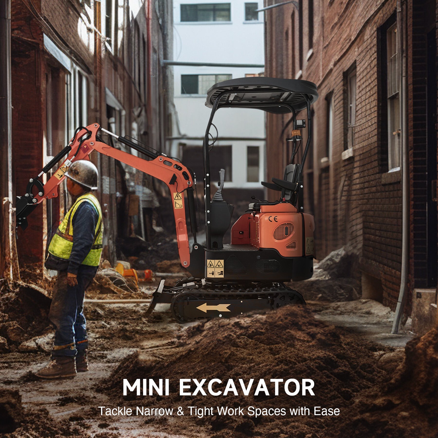 Orange AHM AX-12 one-ton mini excavator on a product listing