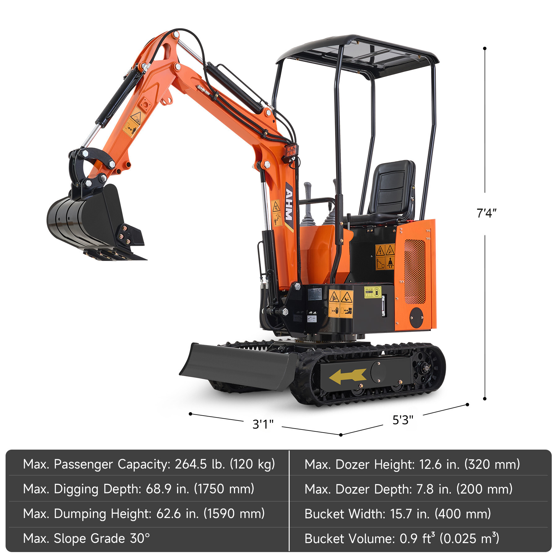 13.8 hp Mini Excavator 1 Ton Mini Digger with Adjustable Seat & Rain Canopy