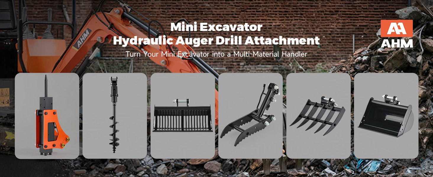 Hydraulic Auger Drill Attachment for Mini Excavator 8" Diameter 45" Depth