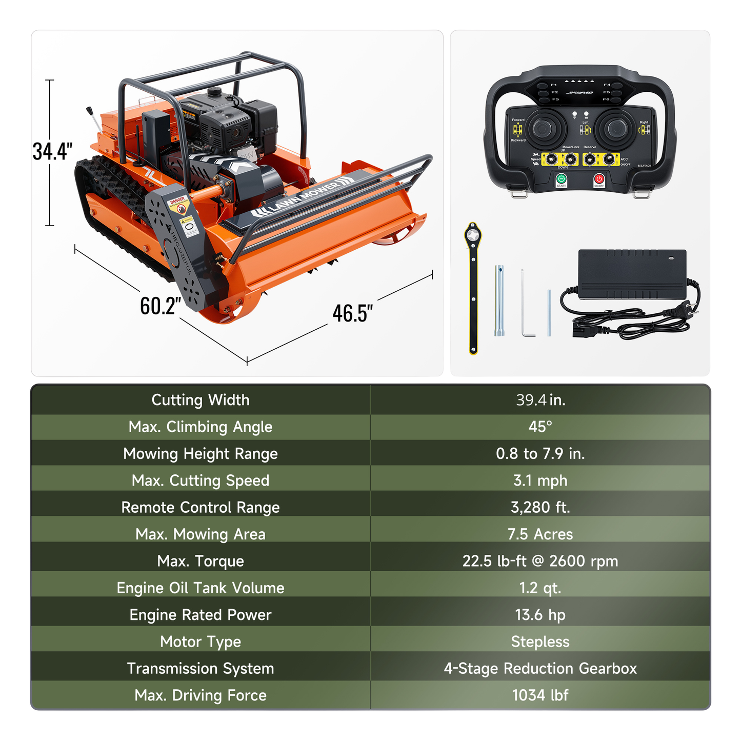 X100U | 39.4" Remote Control Lawn Mower, 13.6HP Hybrid Power, Electric Height Adjustment, 45°Slope Climbing