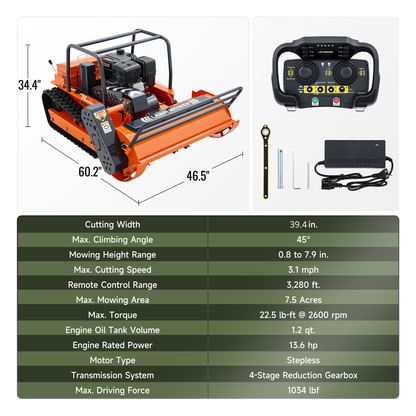 X100U | 39.4" Remote Control Lawn Mower, 13.6HP Hybrid Power, Electric Height Adjustment, 45°Slope Climbing