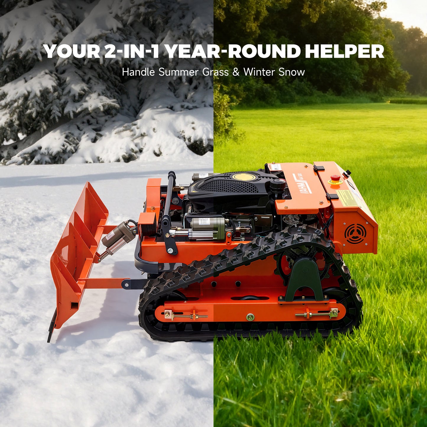 AHM Lawn Mower with Snow Plow, Remote-Controlled Grass Cutter & Snow Blower with 500 mm Cutting Width, Zero Turn Electric Grass Trimmer with 20-150 mm Height Range 45° Max Slope 1000 m Remote Range
