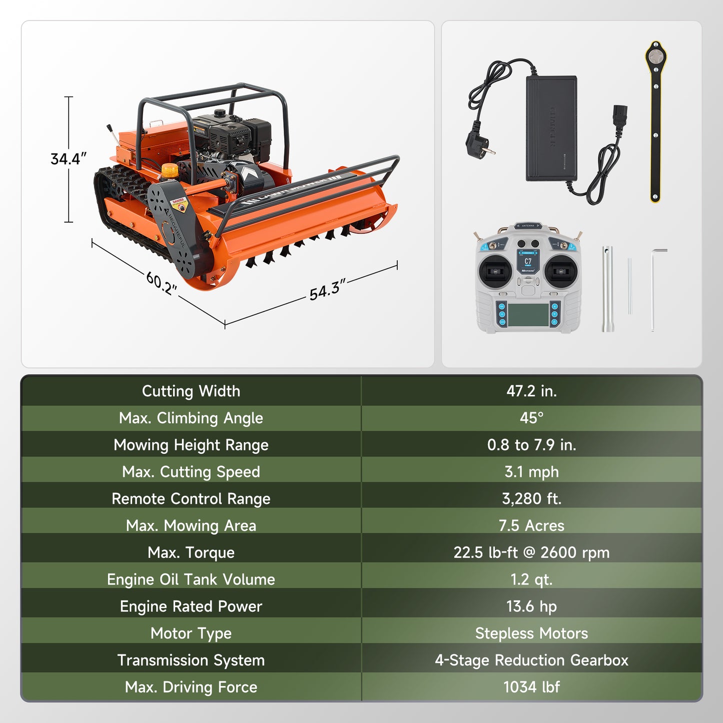 X120 | 47.2" Remote Control Lawn Mower, 13.6HP Hybrid Power, Adjustable Height, 45°Slope Climbing