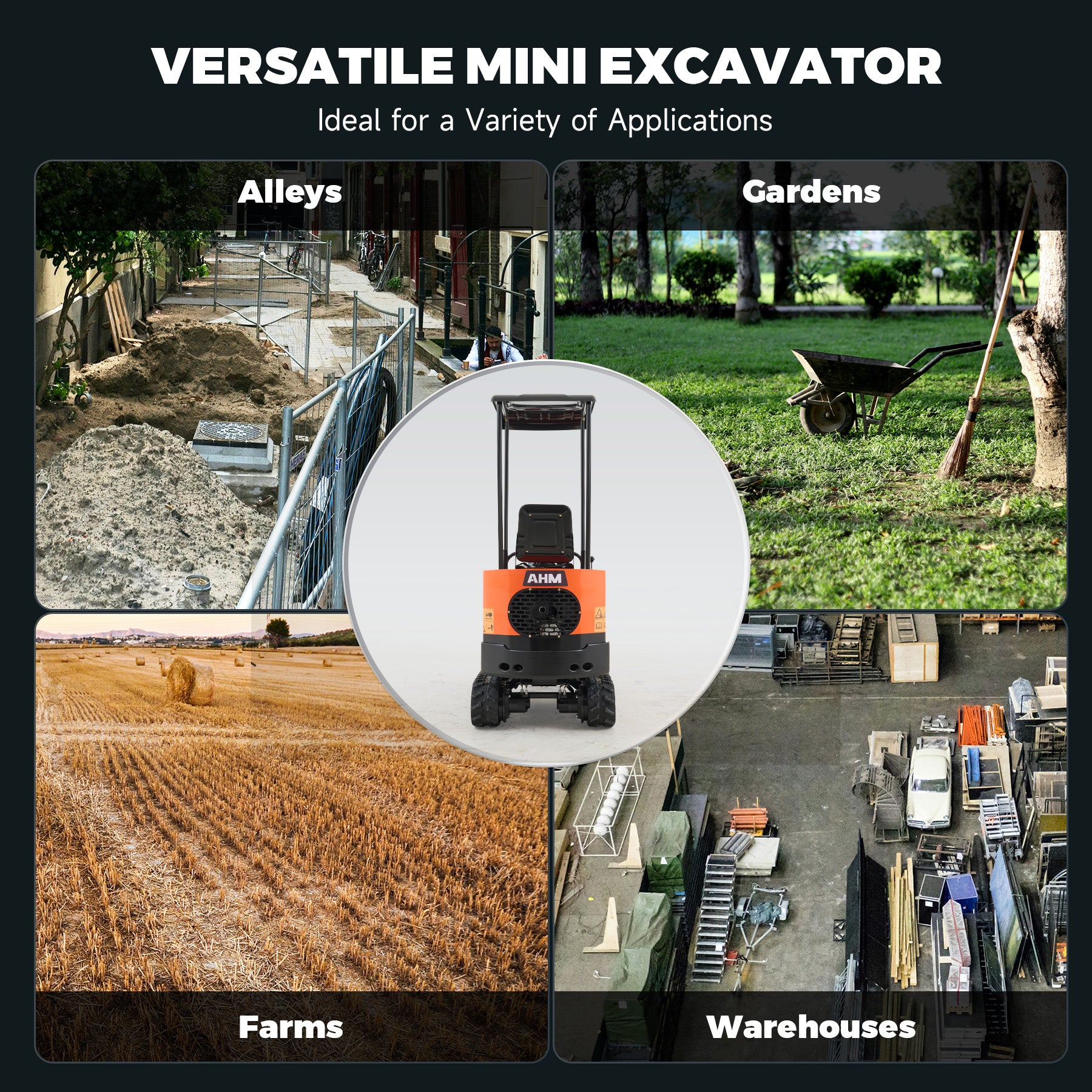 AHM 1 Ton Mini Crawler Excavator with 6 Attachments for Backyard Farm Digging