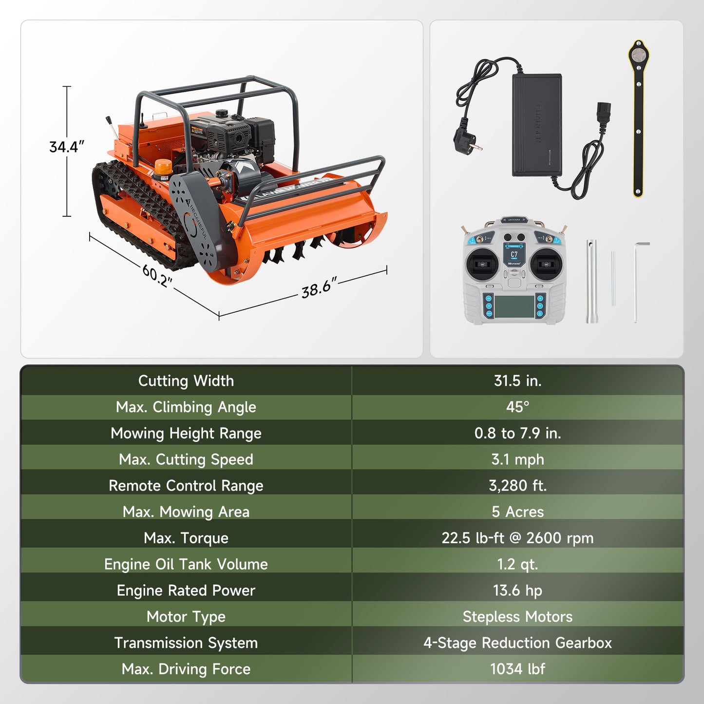 X80 | 31.5" Remote Control Lawn Mower, 13.6HP Hybrid Power, Adjustable Height, 45°Slope Climbing
