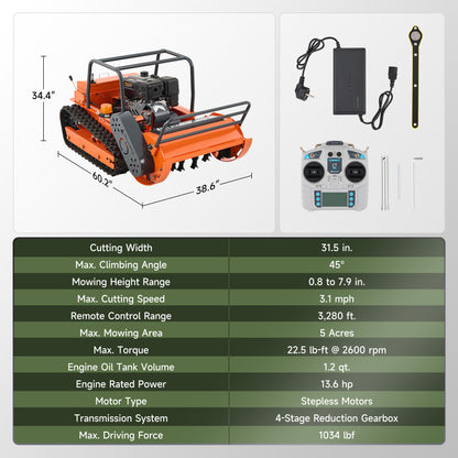 X80 | 31.5" Remote Control Lawn Mower, 13.6HP Hybrid Power, Adjustable Height, 45°Slope Climbing