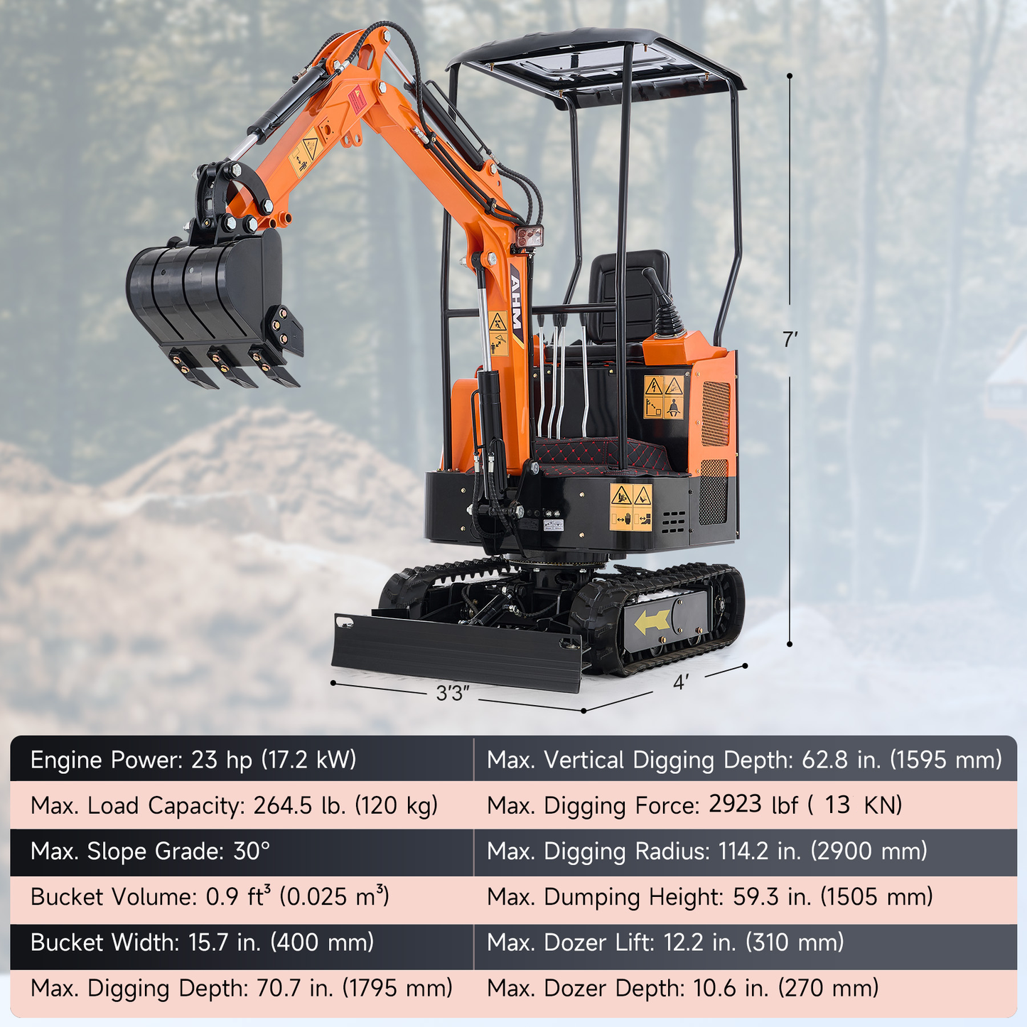 1T Mini Excavator Crawler w Retractable Undercarriage 23hp Mini Crawler for Farm