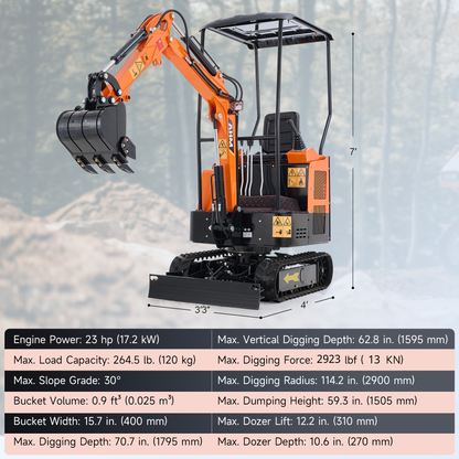 1T Mini Excavator Crawler w Retractable Undercarriage 23hp Mini Crawler for Farm